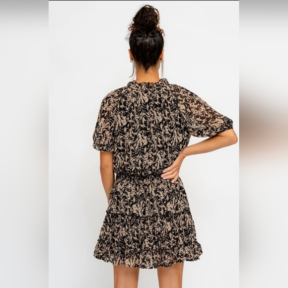 Entro Elegant Black Patterned Tiered Mini Short Dress Bohemian Boho Western - Picture 2 of 12